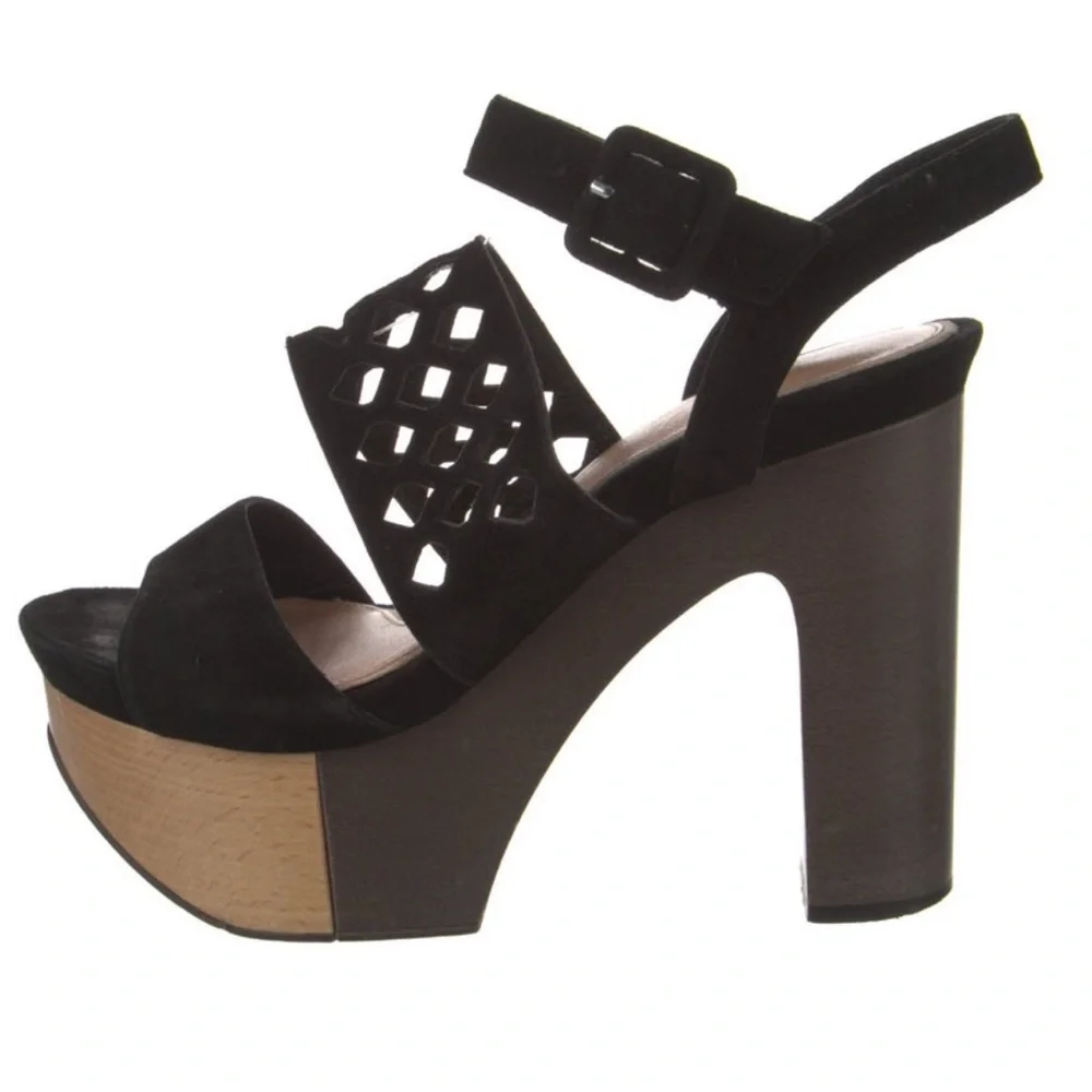 Robert Clergerie Black Suede Laser Cut Platform Heel Color Block Sandal EUC 38.5